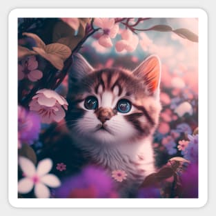 Cute Brown Kitten Floral Background | White, brown and grey cat with blue eyes | Digital art Sticker Sticker